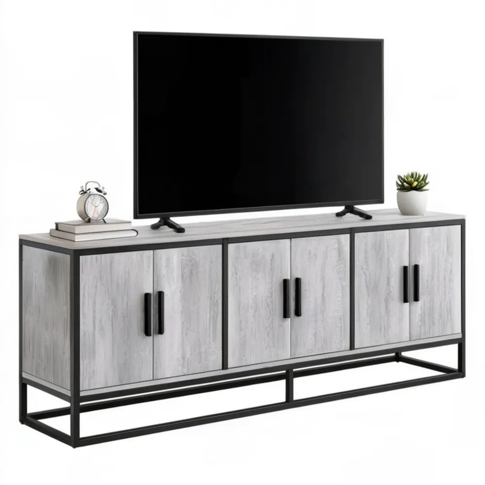 Szafka RTV 160 x 40 x 60 cm z 6 drzwiami, jasnoszara z czarną stalową ramą