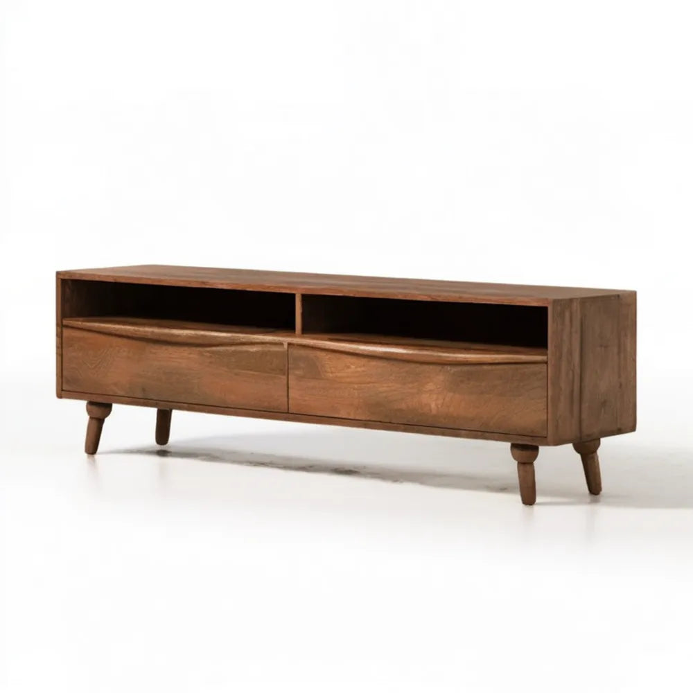 Orzechowa szafka RTV z litego drewna akacjowego 160 x 40 x 55 cm, 2 szuflady