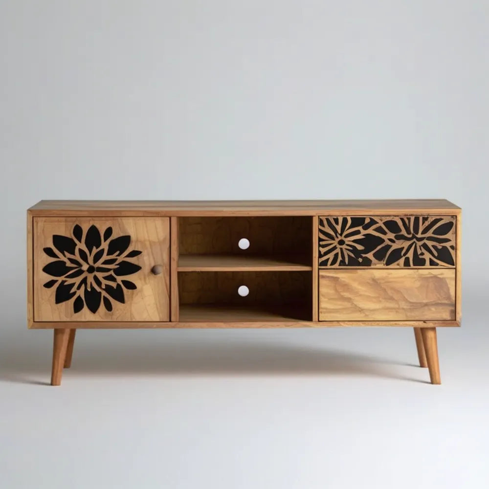 Szafka RTV z litego drewna mango, brązowo-czarna, 120 x 40 x 60 cm
