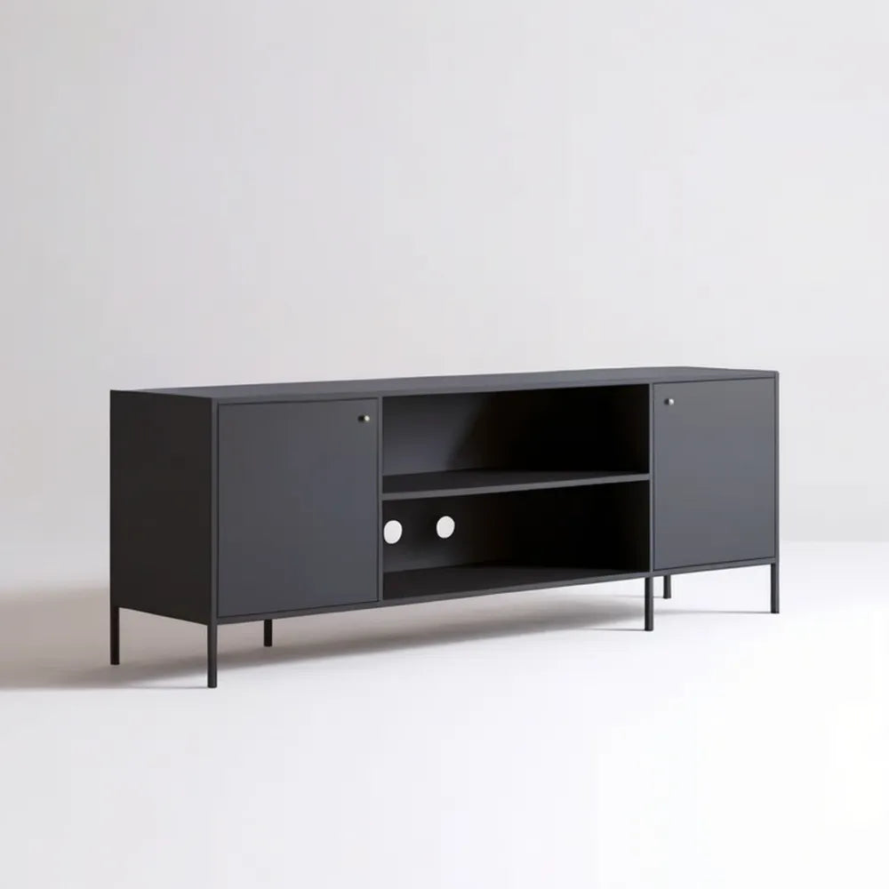 Czarna szafka RTV 160 × 40 × 60 cm z 2 drzwiami i 2 otwartymi półkami