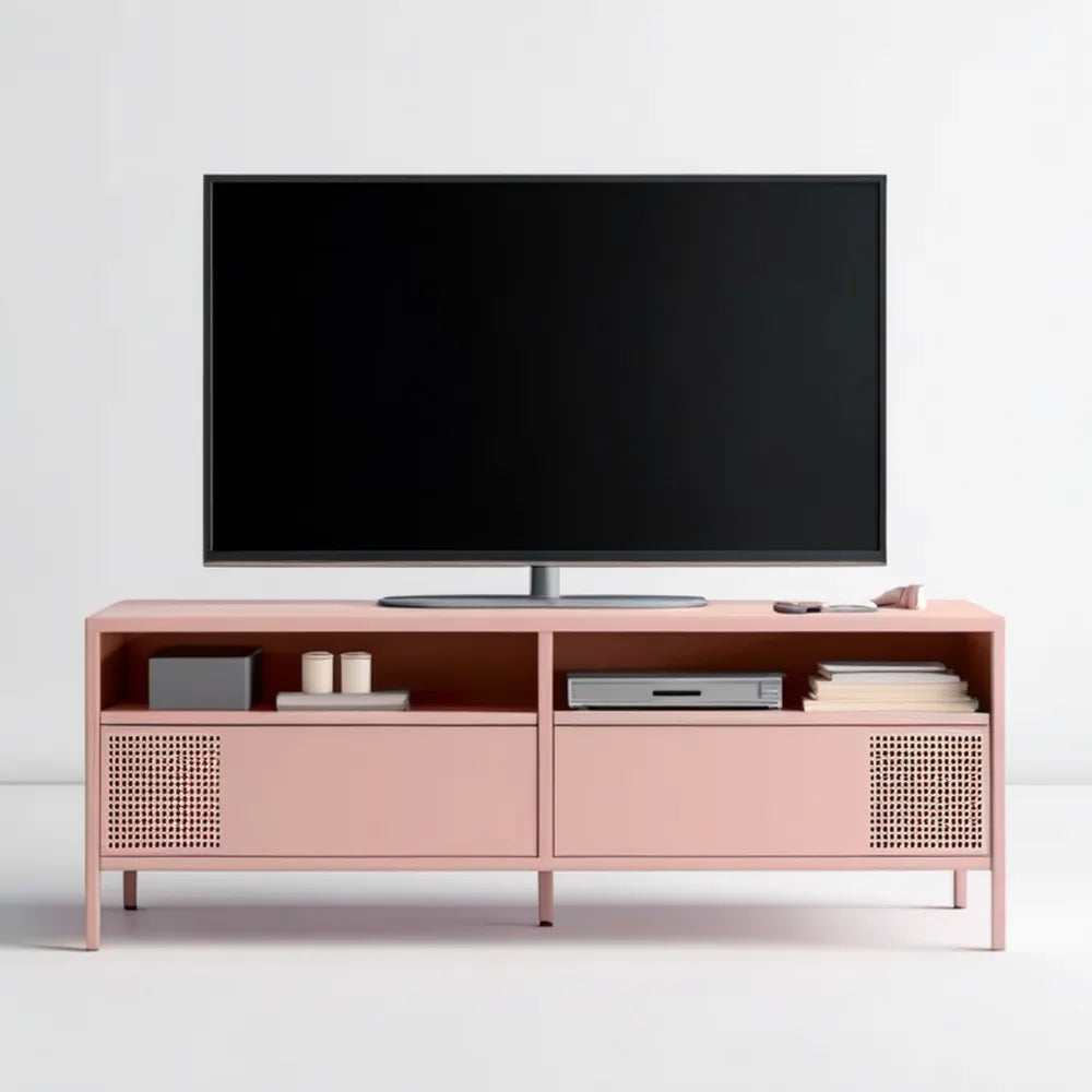 Różowa stalowa szafka RTV z perforowanymi frontami 160 × 40 × 60 cm
