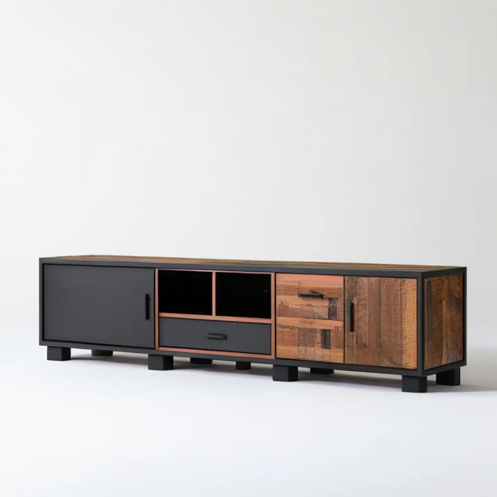 Szafka RTV z litego drewna mango i MDF, czarno-brązowa, 180 x 40 x 50 cm